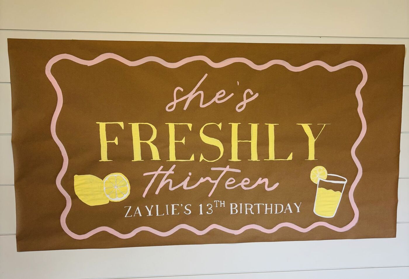 Hand-painted banner: She's freshly thirteen, 13th birthday