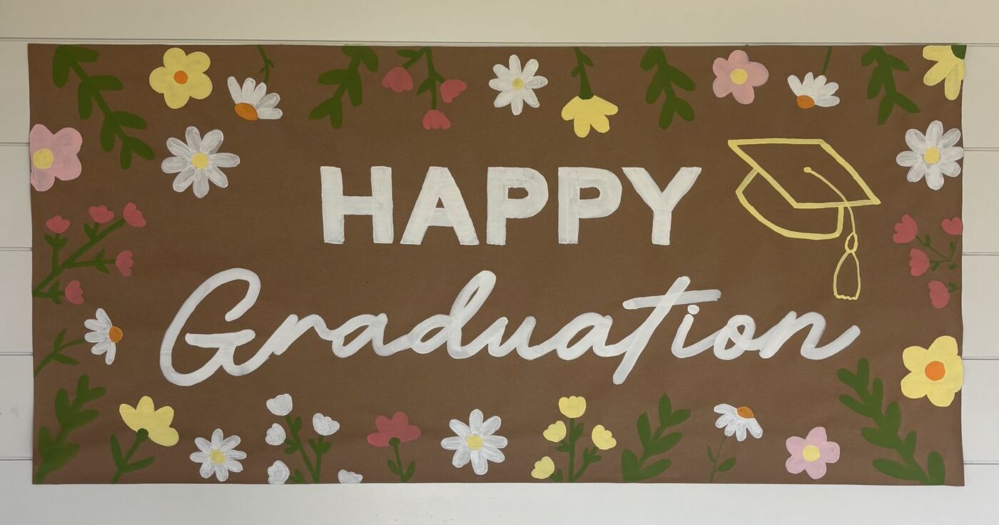Hand-painted banner: Happy Graduation with painted wildflowers