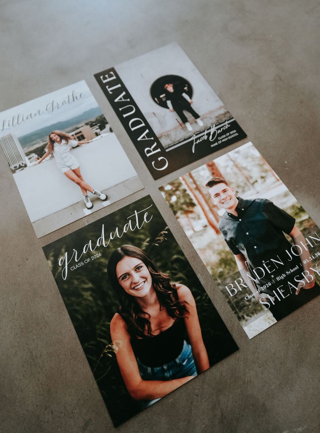 Custom graduation announcements laid out on a table